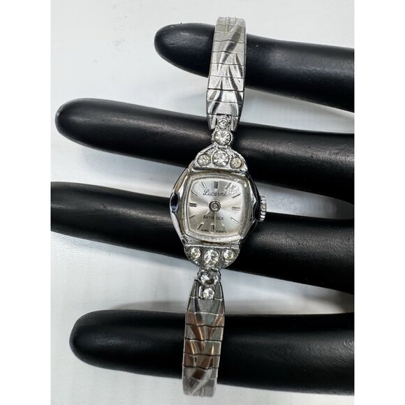 Vintage Lucerne Ladies Watch Rhinestone Silver Tone Antishock Hong Kong 7” Runs - Picture 10 of 11